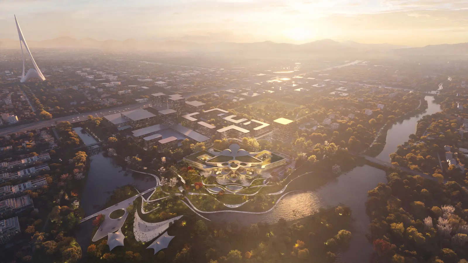 Luftbild-Rendering des Zentrums mit seinen Gärten auf einer Halbinsel zwischen Flussarmen, dahinter die neue Stadt und ein schlanker Turm.