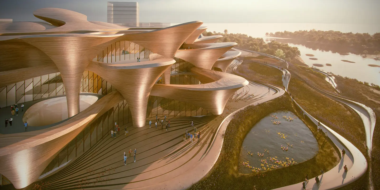 Nahaufnahme-Rendering trichterförmiger Ziegelgewölbe über terrassierten Stufen, daneben Menschen an einem bepflanzten Wasserbecken.
