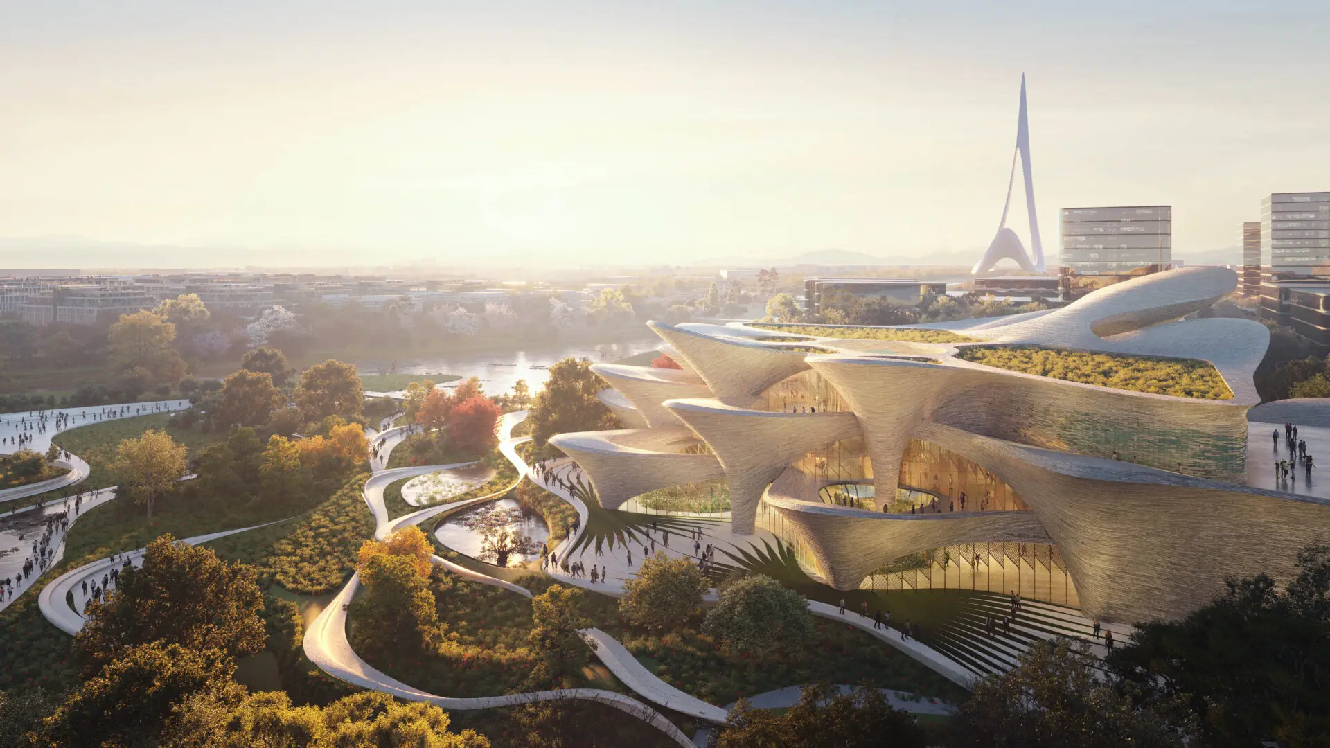 Rendering des gewölbten Backsteinbauwerks über terrassierten Gärten mit geschwungenen Wegen und Wasserbecken, dahinter der Fluss und ein schlanker Turm.