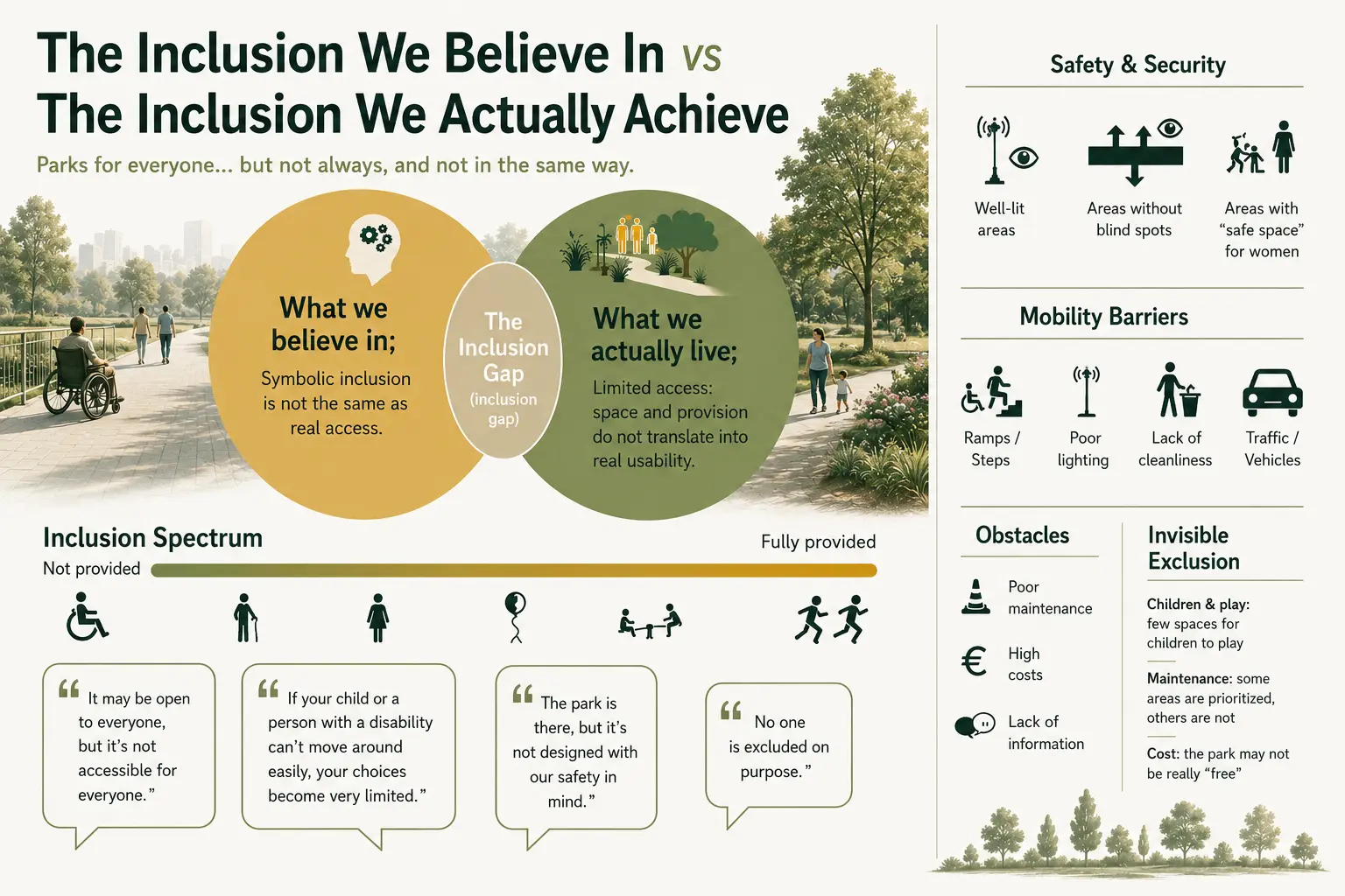 Infographic with two overlapping circles contrasting intended and lived inclusion, alongside icons for safety, mobility barriers and invisible forms of exclusion.