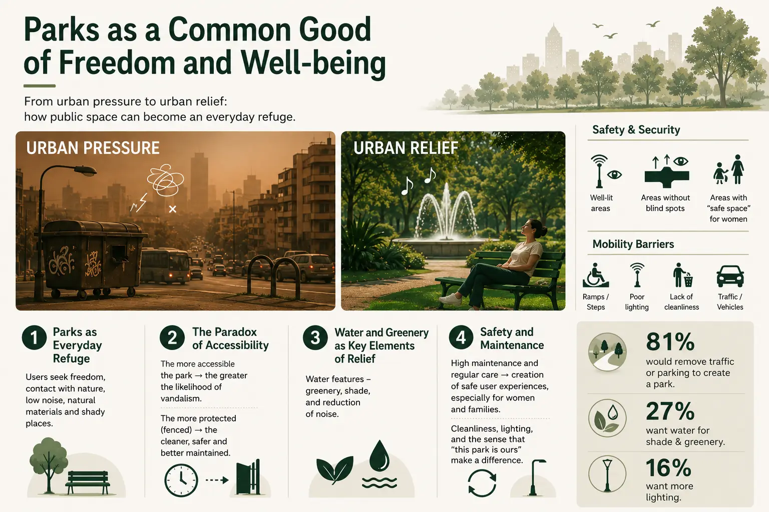 Infographic contrasting a congested street scene with a calm park scene, with survey findings on removing traffic for parks, water and greenery, and lighting.