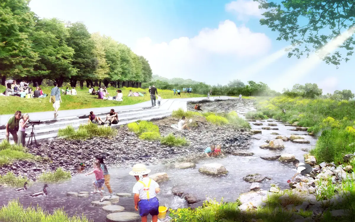 Rendering of children crossing a shallow rocky stream on stepping stones, with people picnicking on terraced lawns behind.