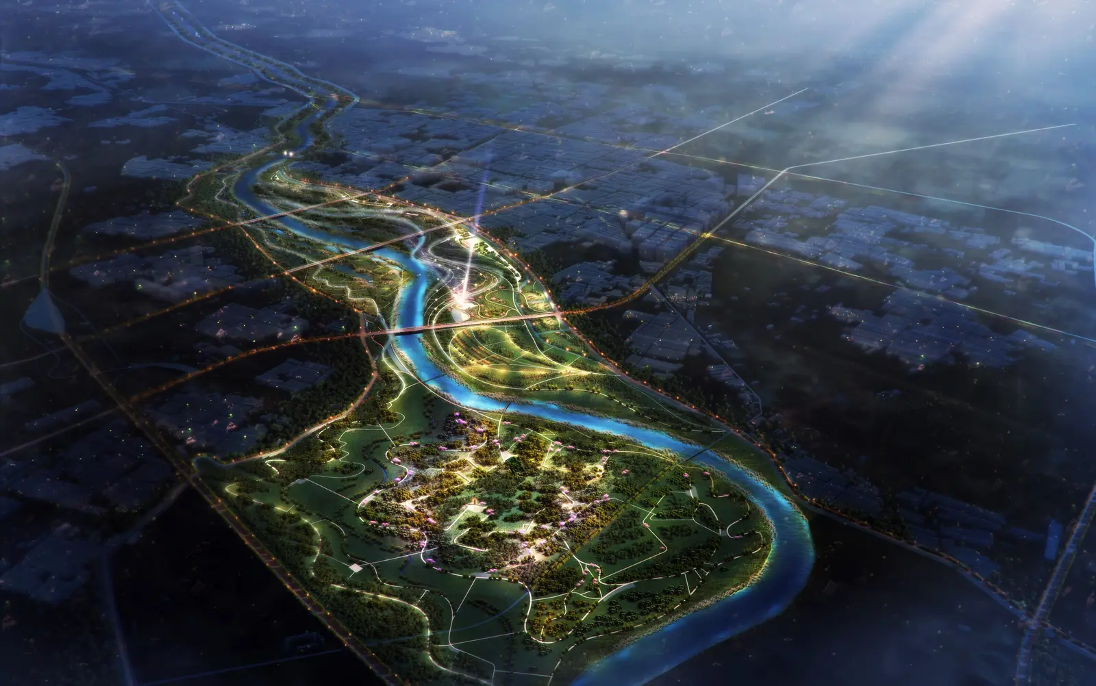 Night-time aerial rendering of an illuminated river winding through a dark urban region, flanked by lit park paths and wetlands.