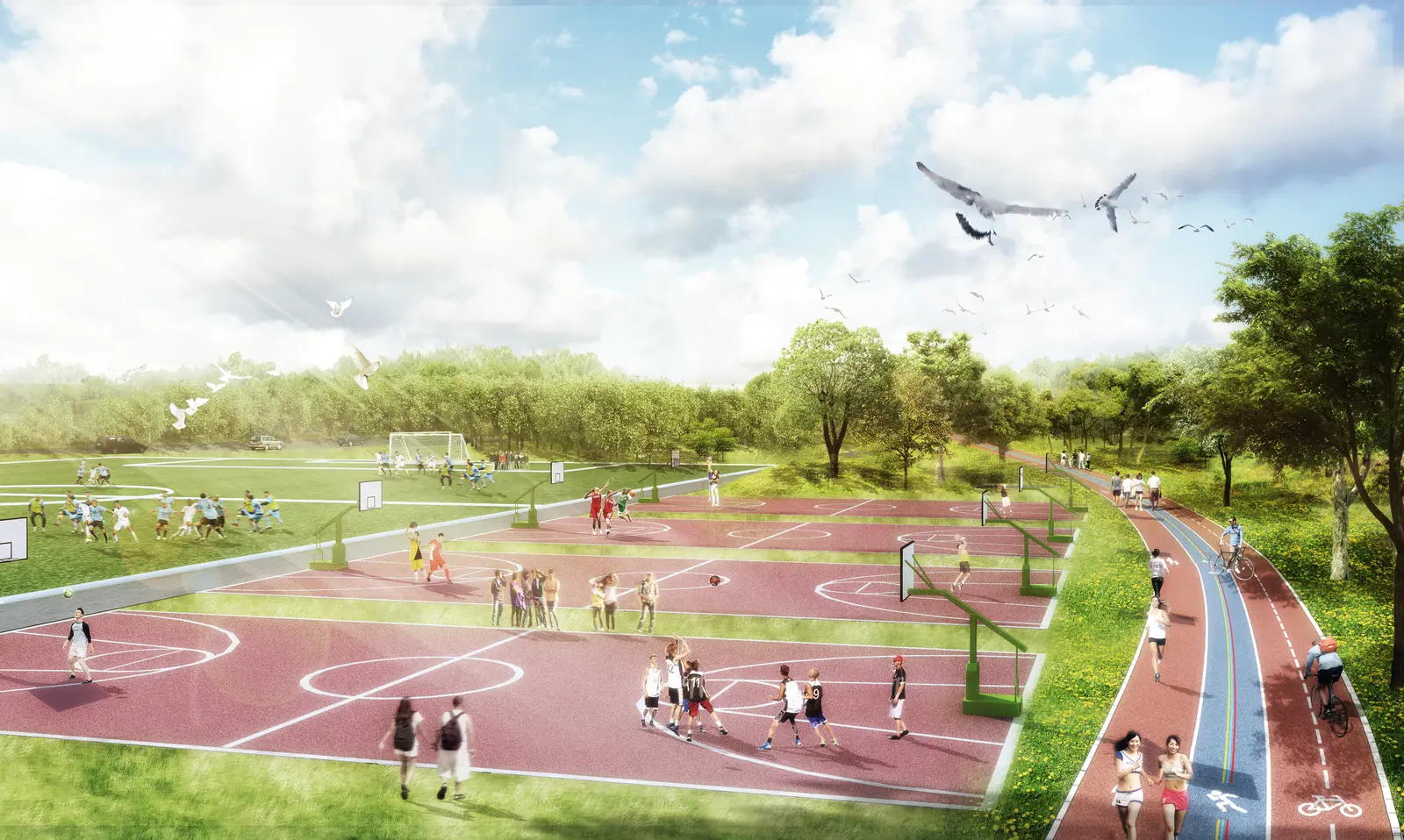 Rendering of basketball courts, football pitches and a red running track with cyclists and joggers beside trees.
