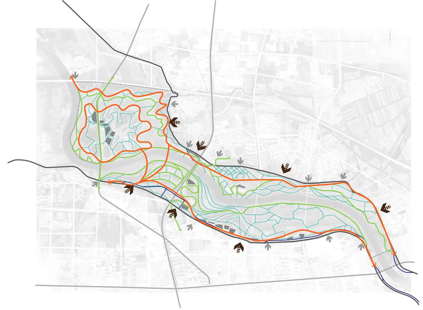 Diagram of the site with orange, green and turquoise path networks and entrance arrows on a grey city map.