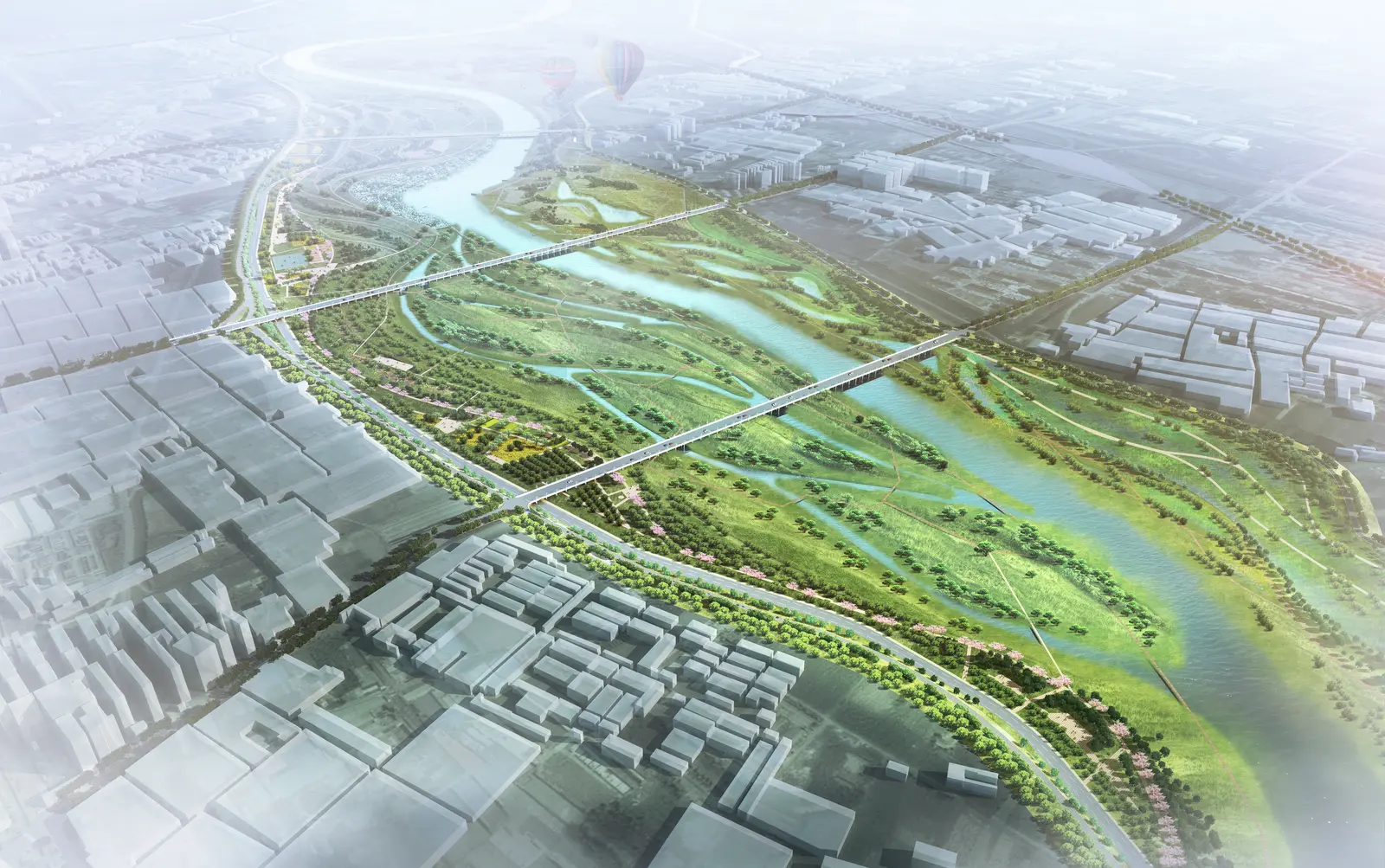 Soft aerial rendering of a green river valley with braided channels and bridges crossing between pale city blocks.