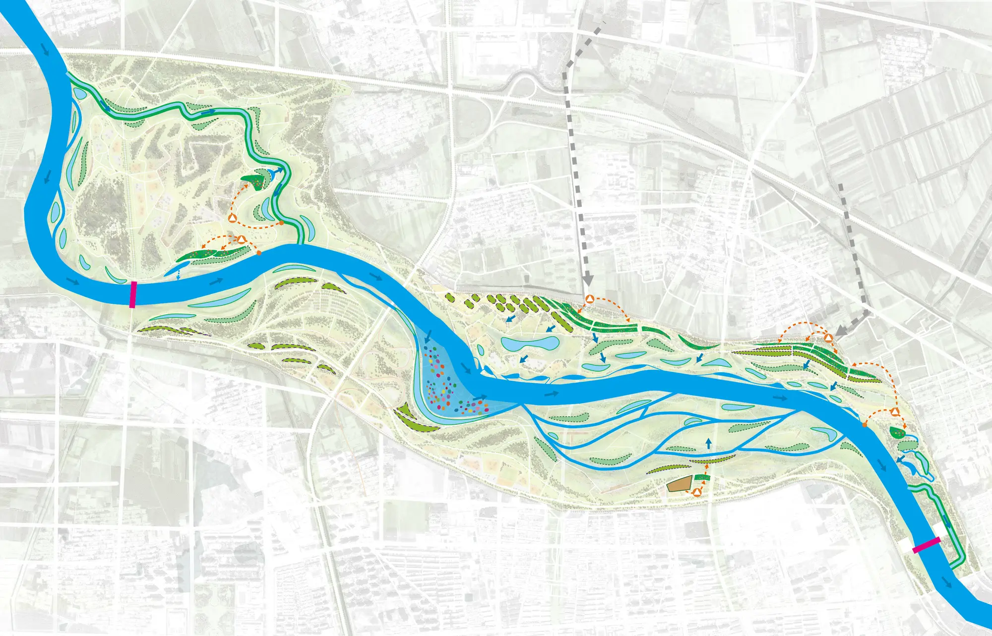 Water system plan of the Chaobai River corridor: the turquoise river winding through green wetland parkland, with flow arrows, wetland cells and pump locations marked.