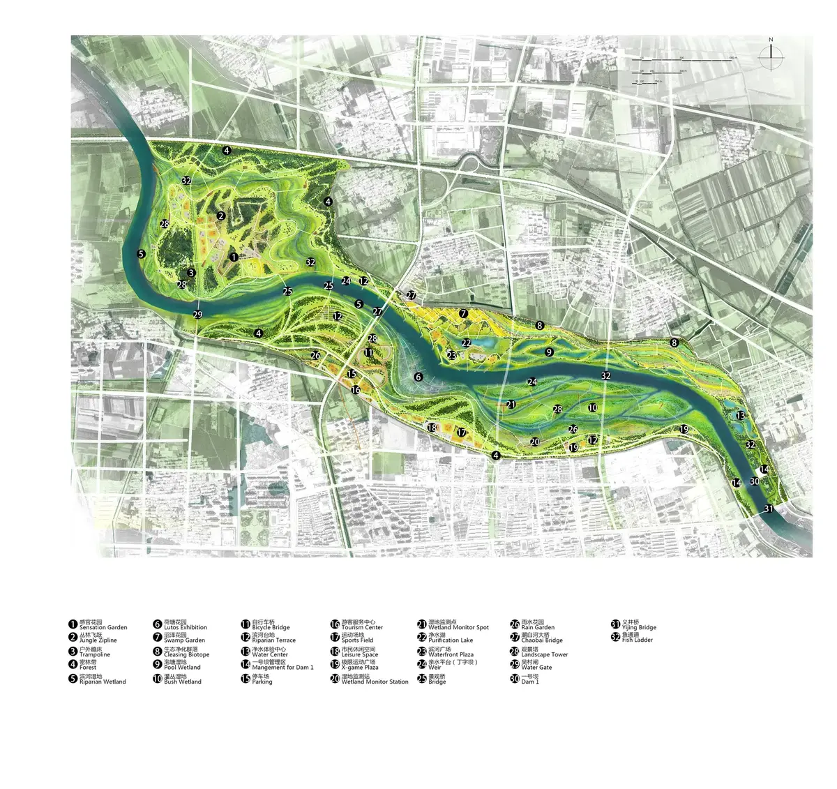 Masterplan drawing of the winding river with green park areas and a numbered legend of programme points.