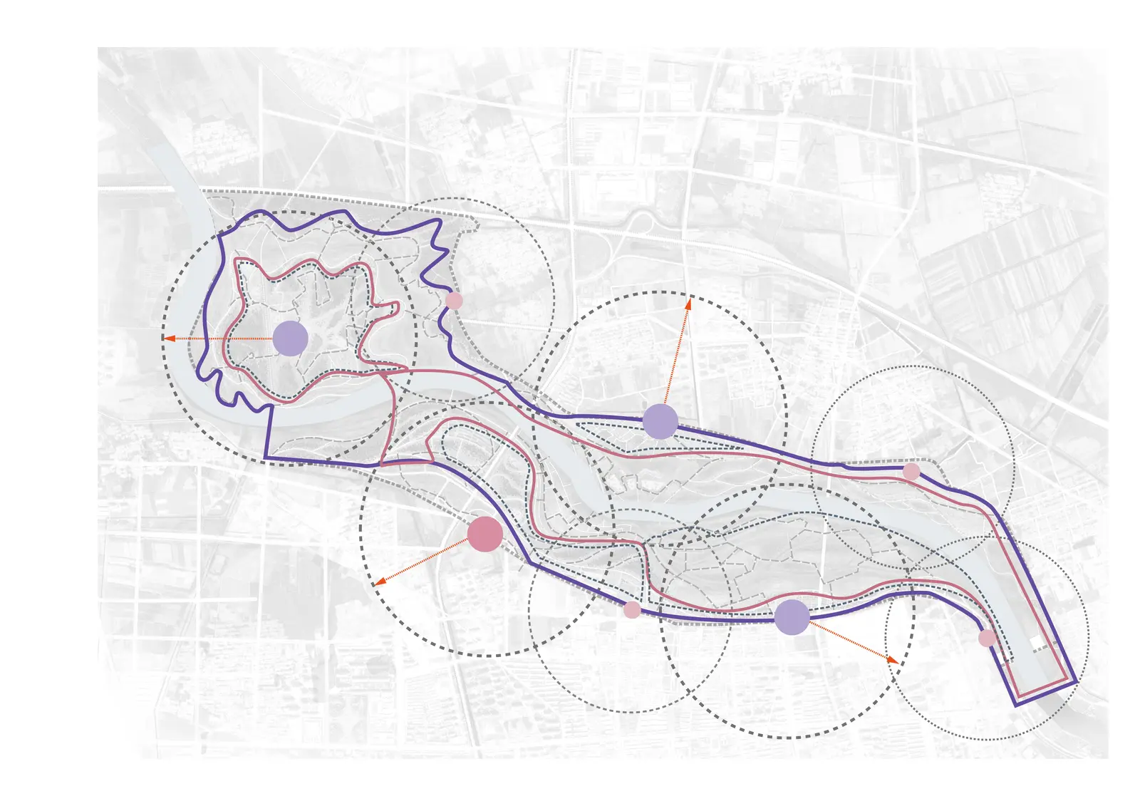Diagram with purple and pink loops, dashed catchment circles and programme nodes over a pale map.