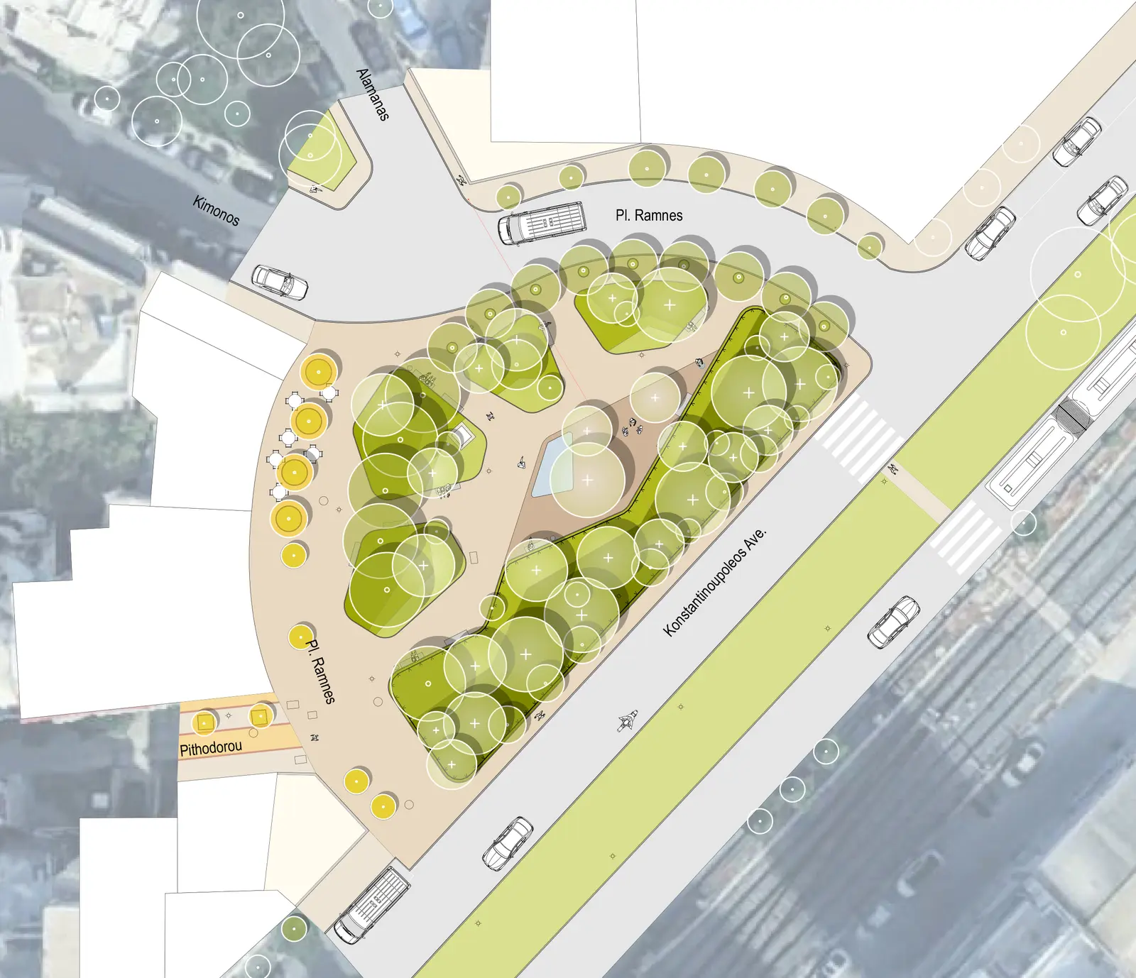 Design plan of Ramnes Square with dense new tree planting, permeable surfaces and a small central water basin.