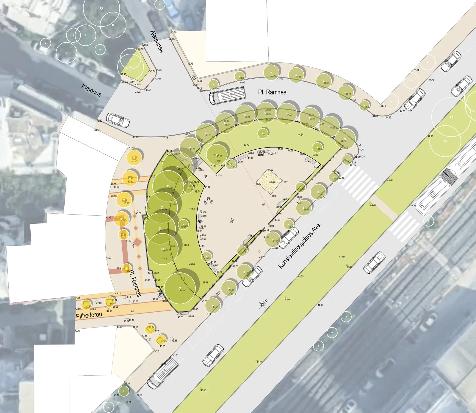 Site plan of Ramnes Square before the redesign, with paved surfaces, scattered trees and the adjacent avenue.