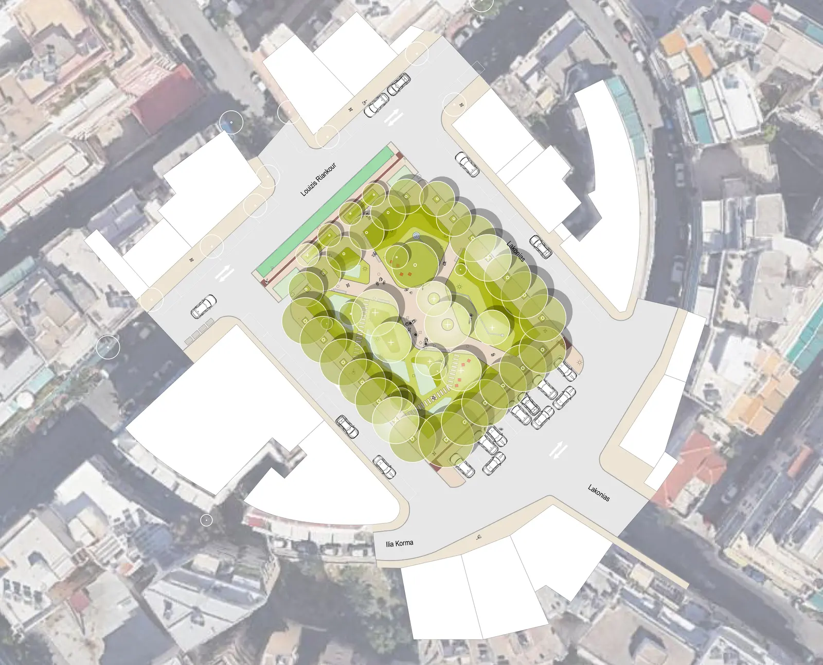 Design plan of Lakonias Square with connected planting areas, new trees and a green edge along the street.
