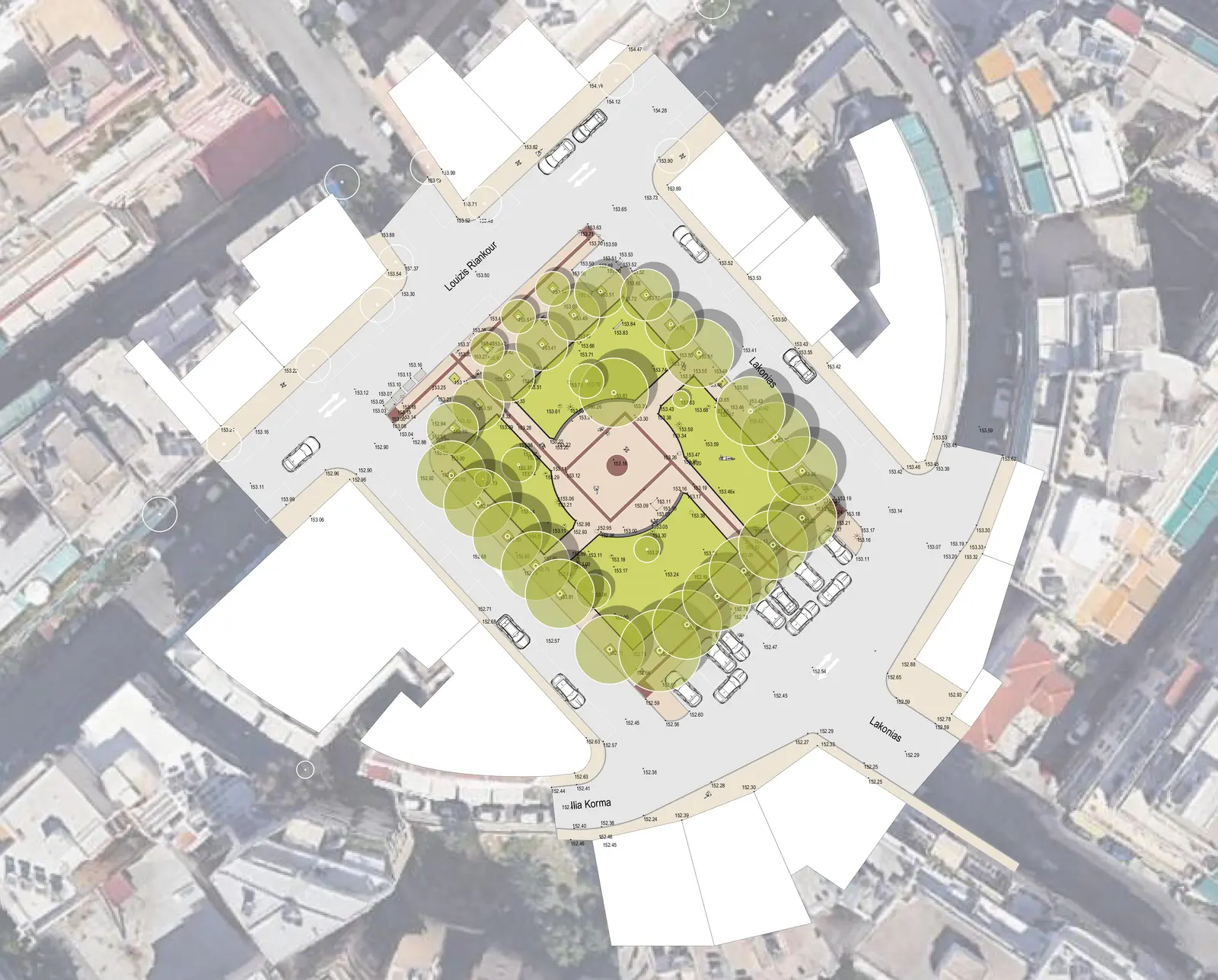 Site plan of Lakonias Square before the redesign, ringed by roads and parked cars.