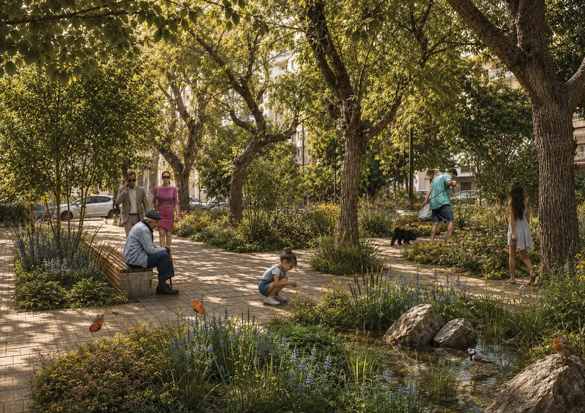Visualisation of a shaded square path beside a planted rain garden with a small pond; a child crouches at the water's edge while residents sit and walk under mature trees.