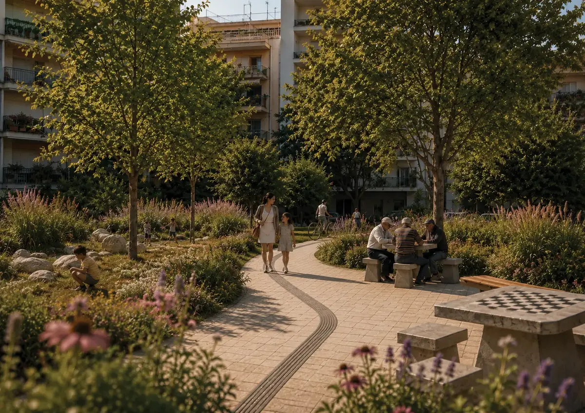 Visualisation of Lakonias Square with people playing chess at stone tables beside flowering rain gardens and a winding path.