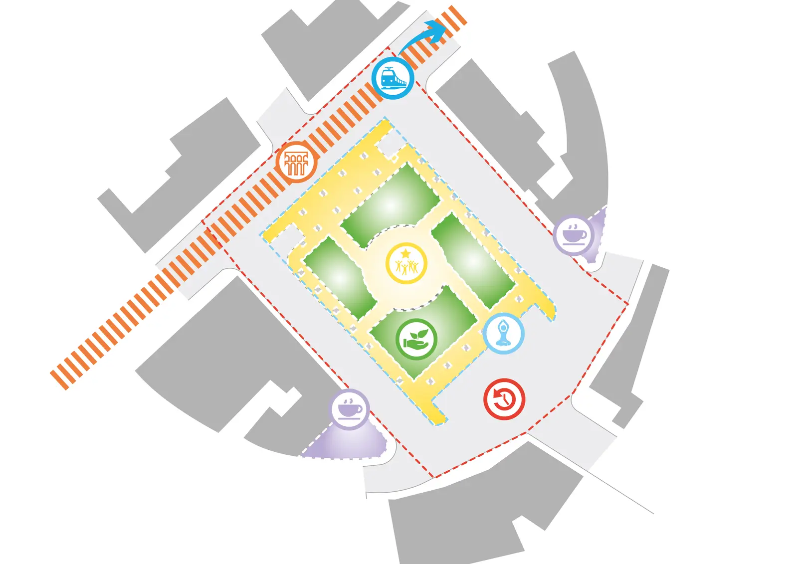 Diagram of Lakonias Square marking potentials with icons for the aqueduct, cafés, yoga and public transport.