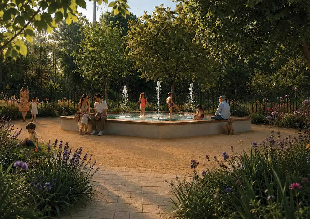 Visualisation of a shallow water-play basin with small fountains, children playing and families seated on its wide rim under trees.