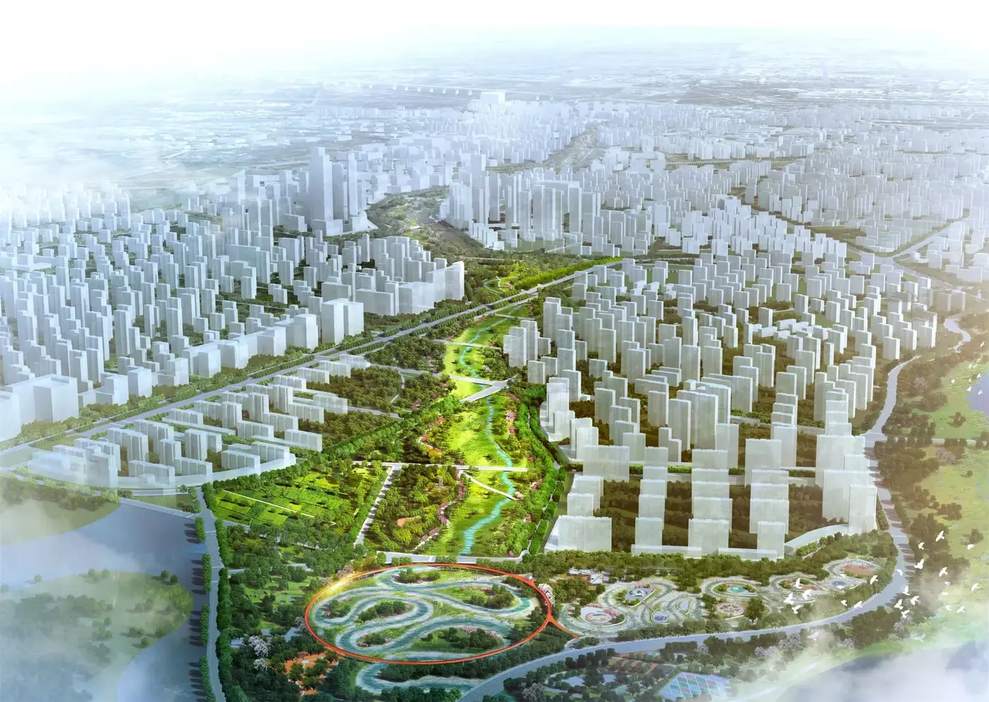 Luftbild-Rendering eines grünen Flusskorridors mit Feuchtgebieten und Parks zwischen dichten Hochhauszeilen.