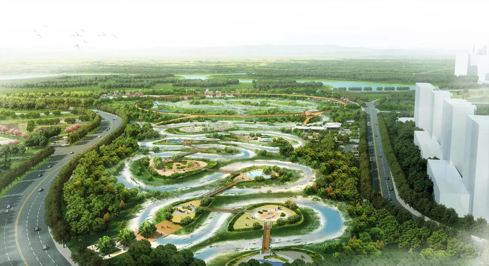 Luftbild-Rendering eines Feuchtgebietsparks mit verzweigten Wasserläufen, bewaldeten Inseln und einem orangefarbenen Rundweg.