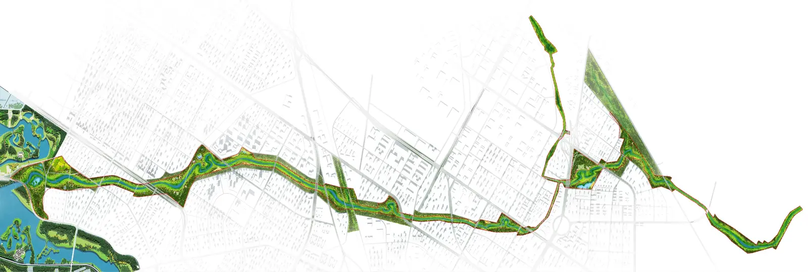 Masterplan-Zeichnung eines langen grünen Flusskorridors, der sich durch ein weiß-graues Stadtgefüge windet.