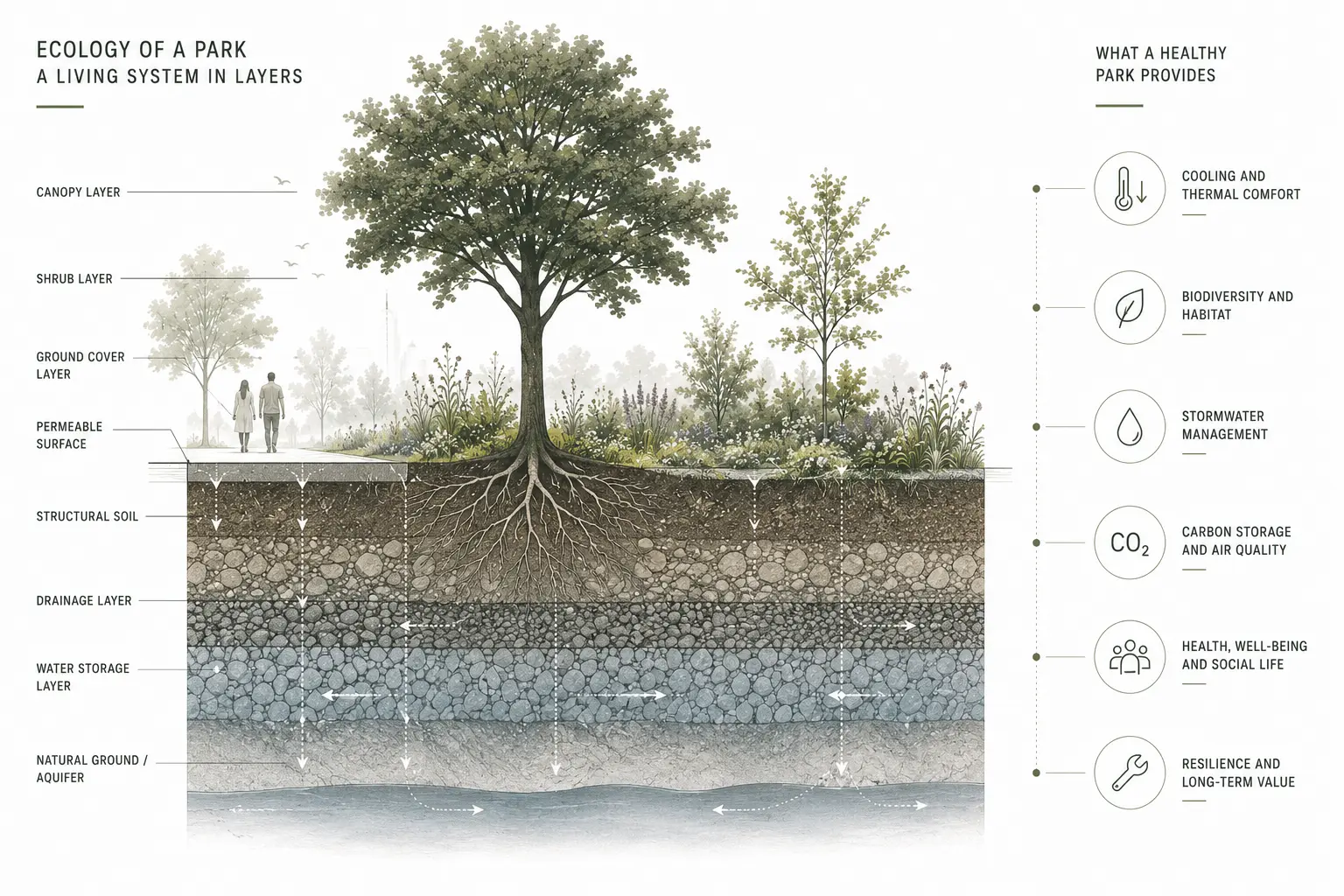 Sectional diagram of a park showing canopy, shrub and ground-cover layers above soil, drainage and water-storage layers, with the benefits a healthy park provides.