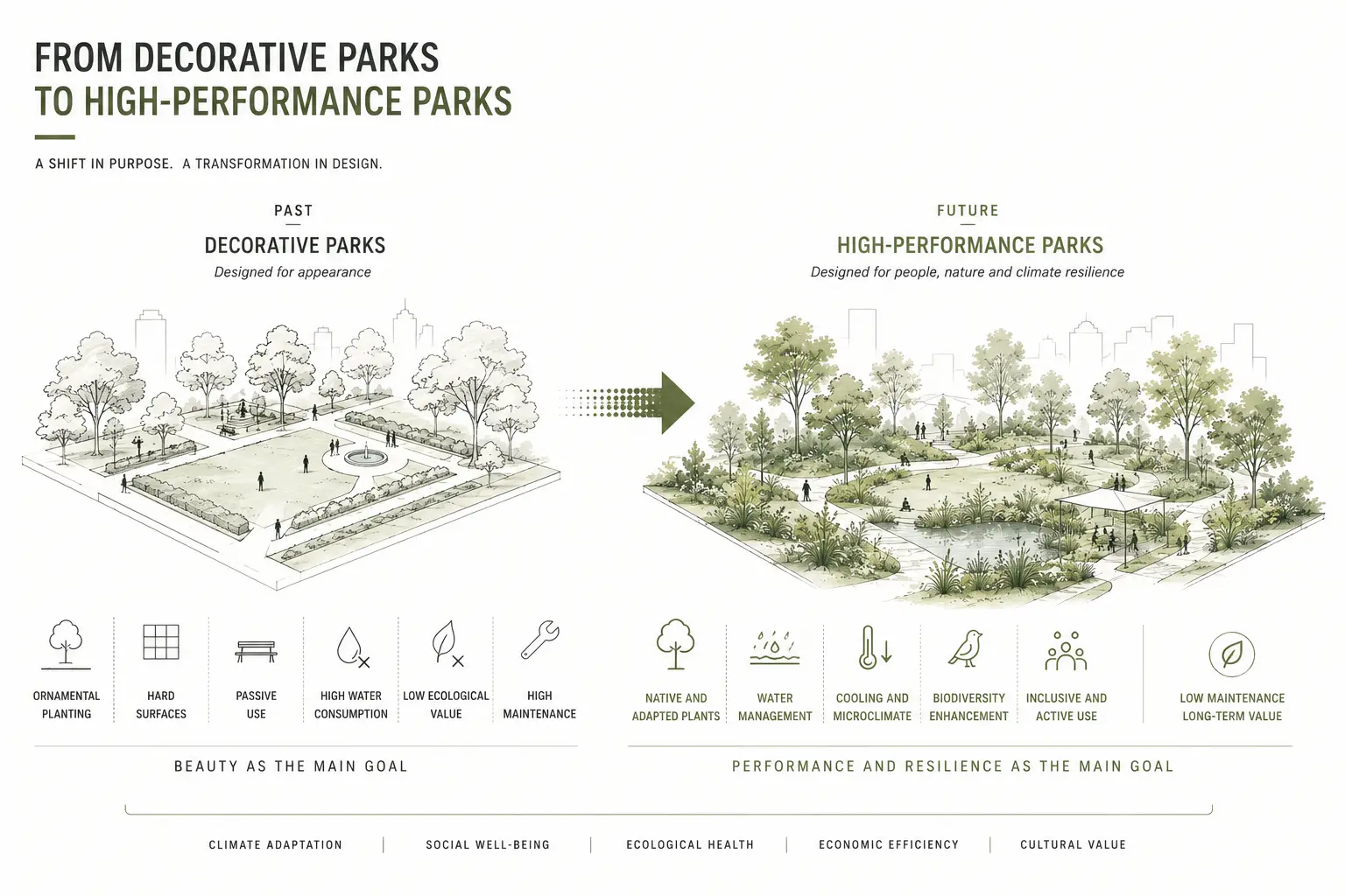 Diagram comparing a formal decorative park with a high-performance park, with icons listing the characteristics of each model.