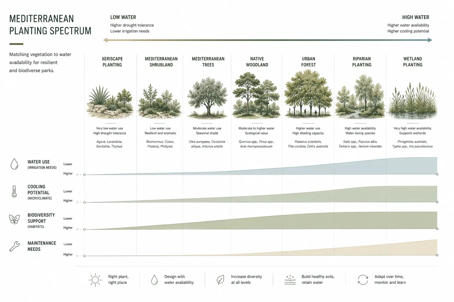 Chart ordering seven planting typologies from low to high water availability, with curves for water use, cooling potential, biodiversity support and maintenance needs.