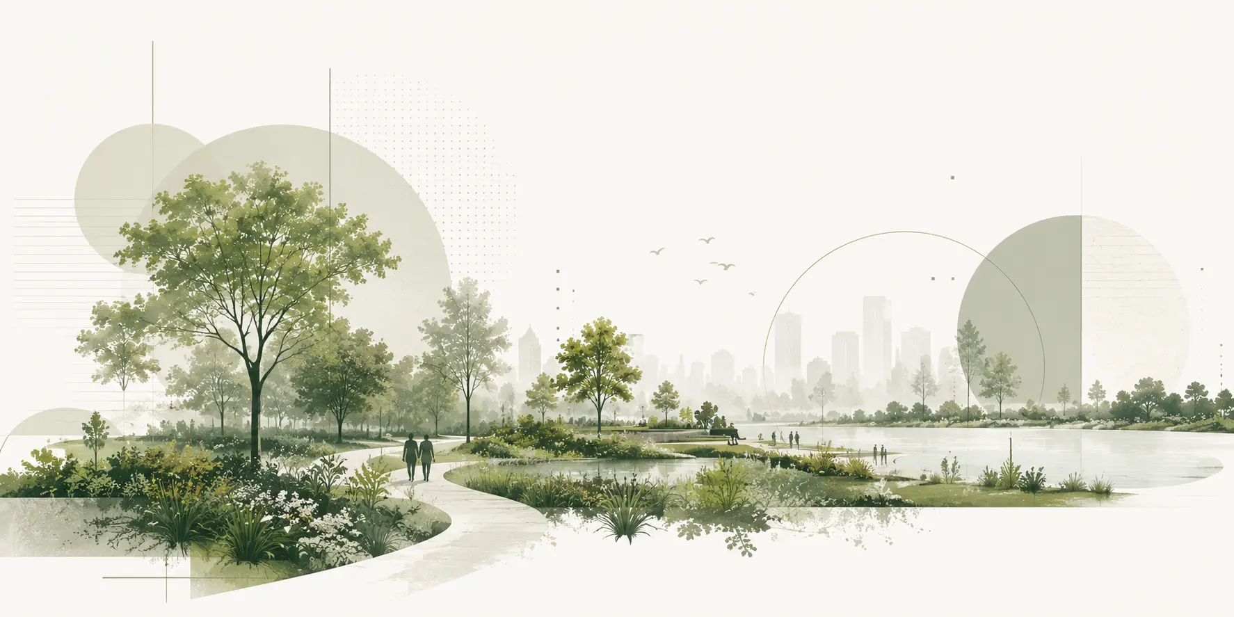 Illustrated publication header: a curving park path with trees and meadow planting beside a lake, with a city skyline in the distance.
