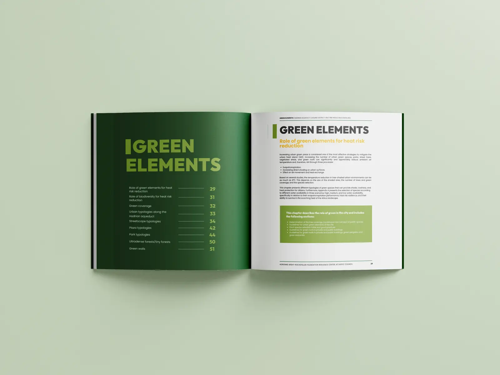 Publication spread of the Green Elements chapter with contents and introductory text.