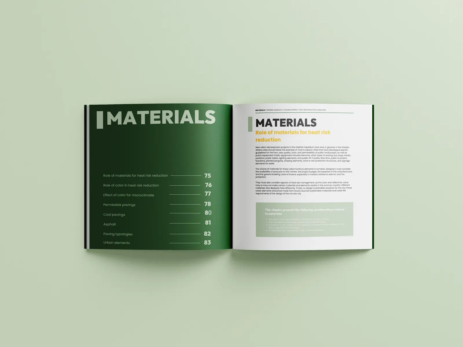 Publication spread of the Materials chapter with contents and introductory text.