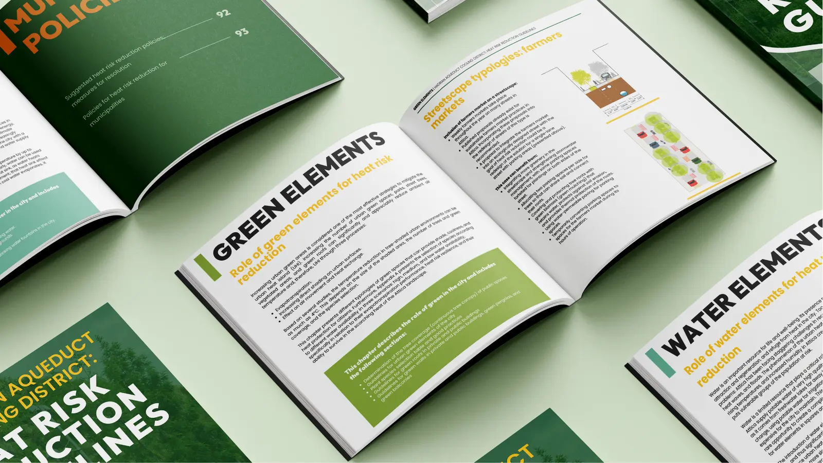 Open copies of the printed guidelines showing chapter spreads on green elements and streetscape typologies.