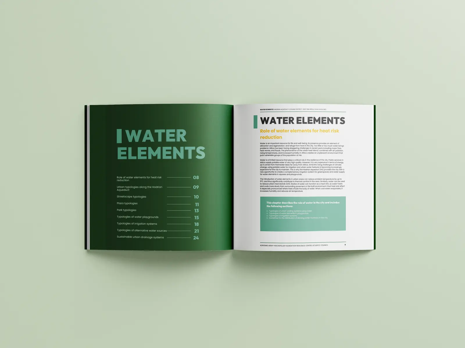 Publication spread of the Water Elements chapter with contents and introductory text.
