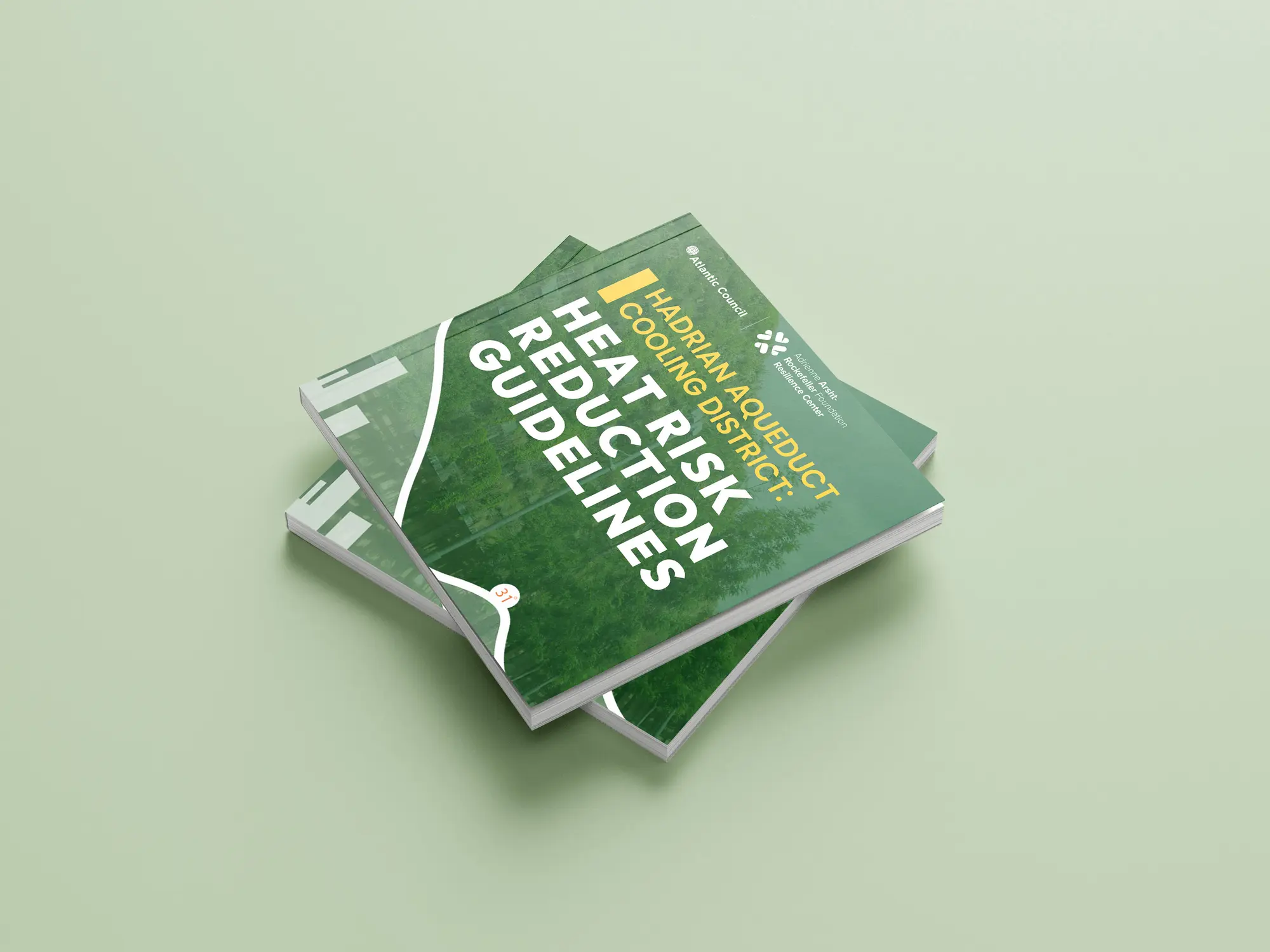 Two printed volumes of the Heat Risk Reduction Guidelines, with green covers showing tree canopy and the route of the aqueduct.