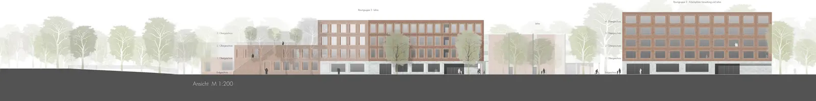 Long architectural elevation drawing showing brick facades and trees.