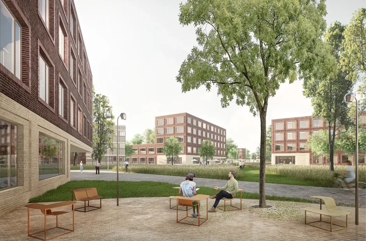 Rendering of a campus square with metal seating, a large tree and people between brick buildings.