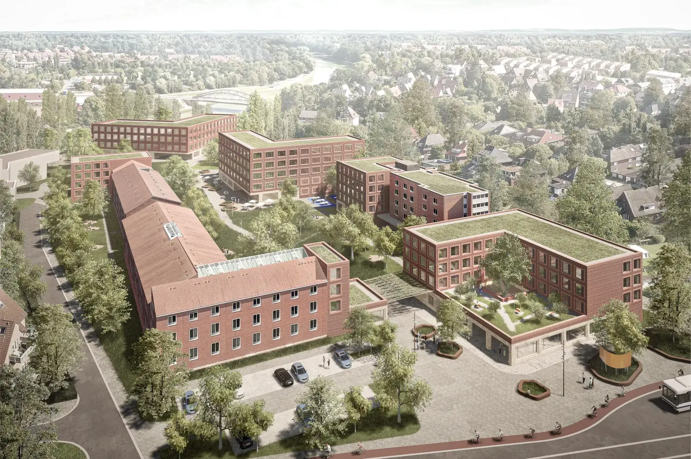 Aerial rendering of the Münster main campus: brick buildings with green roofs around tree-planted courtyards, with the canal and town beyond.