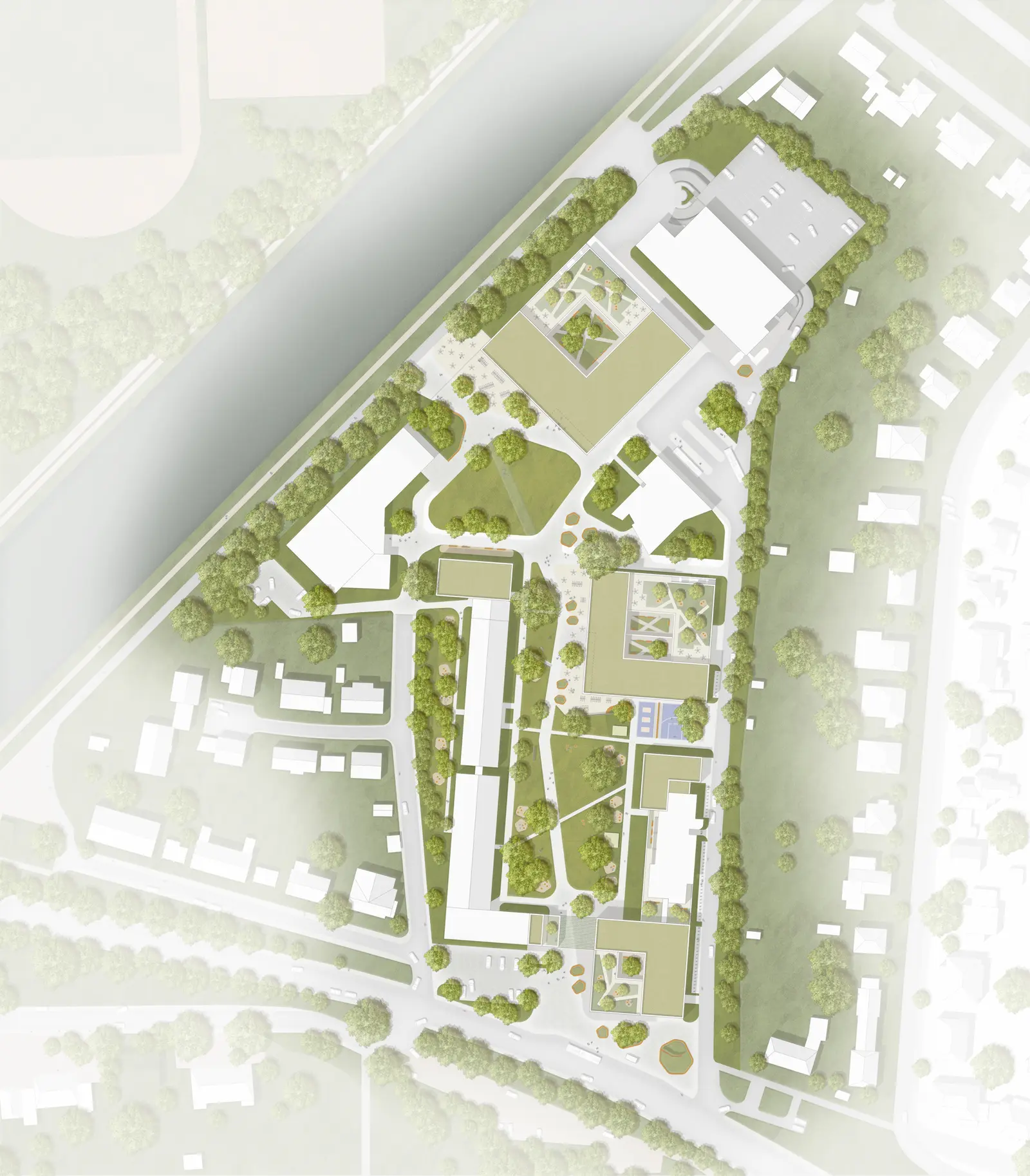 Site plan of the Münster campus with buildings, tree-lined paths, courtyards and lawns beside the canal.