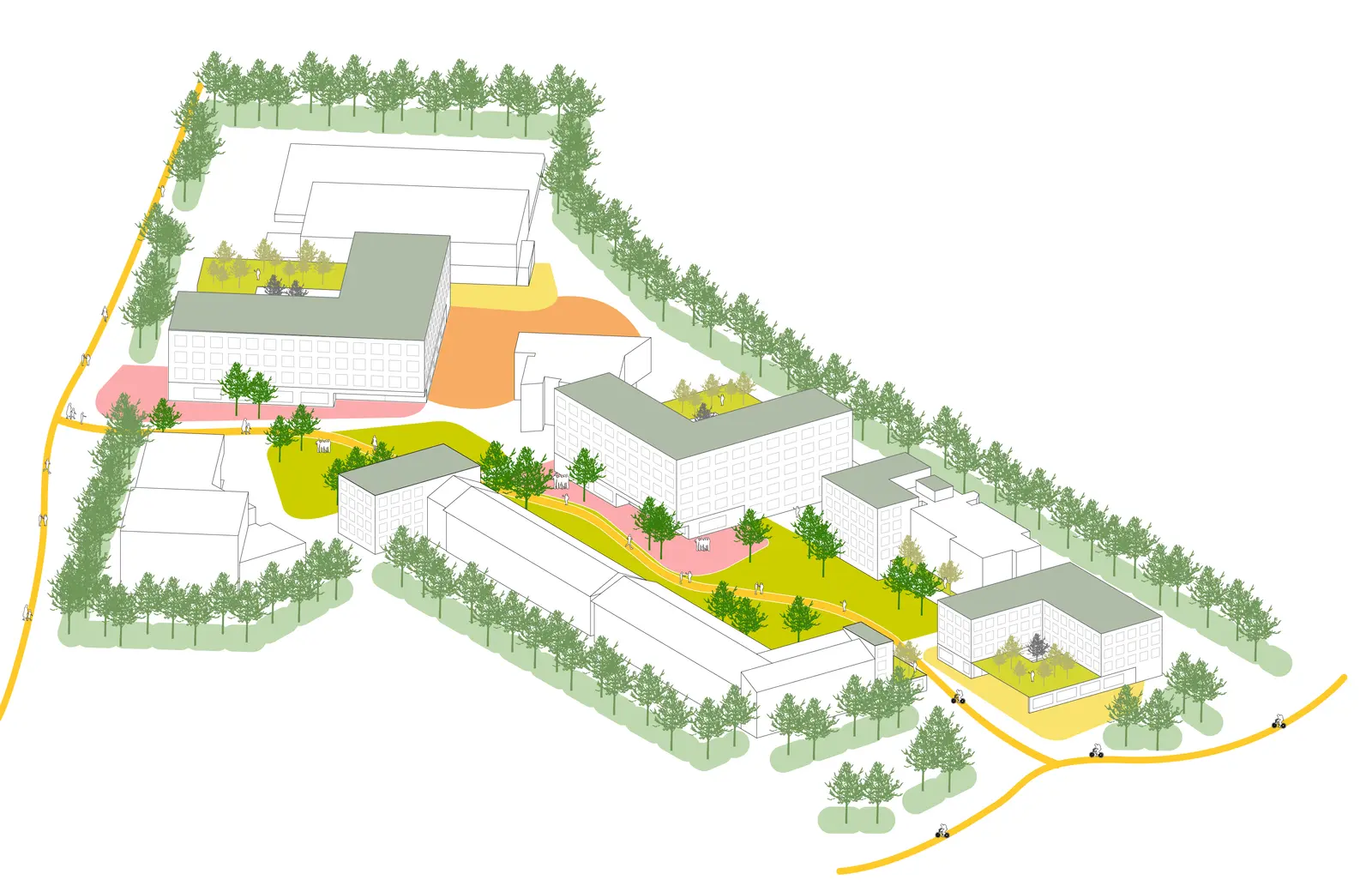 Axonometric diagram of the campus with coloured zones marking squares, greens and courtyards.