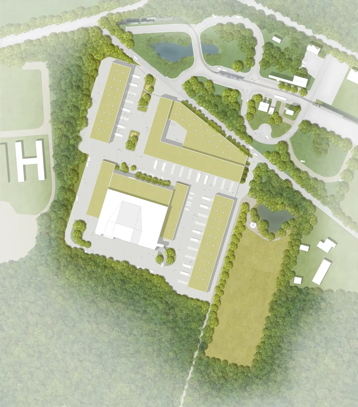 Site plan of the Telgte campus with green-roofed halls, parking courts, two ponds and a large meadow framed by trees.