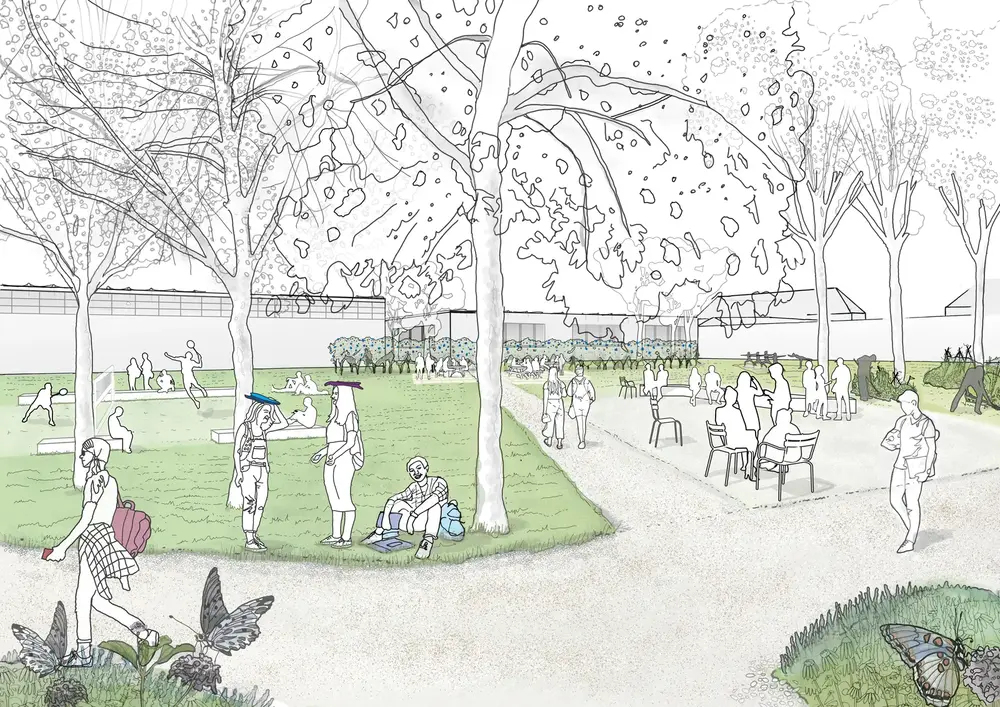 Gezeichnete Ansicht einer Parkwiese mit spielenden Menschen, Cafétischen und Stühlen unter großen Bäumen, im Vordergrund Schmetterlinge.