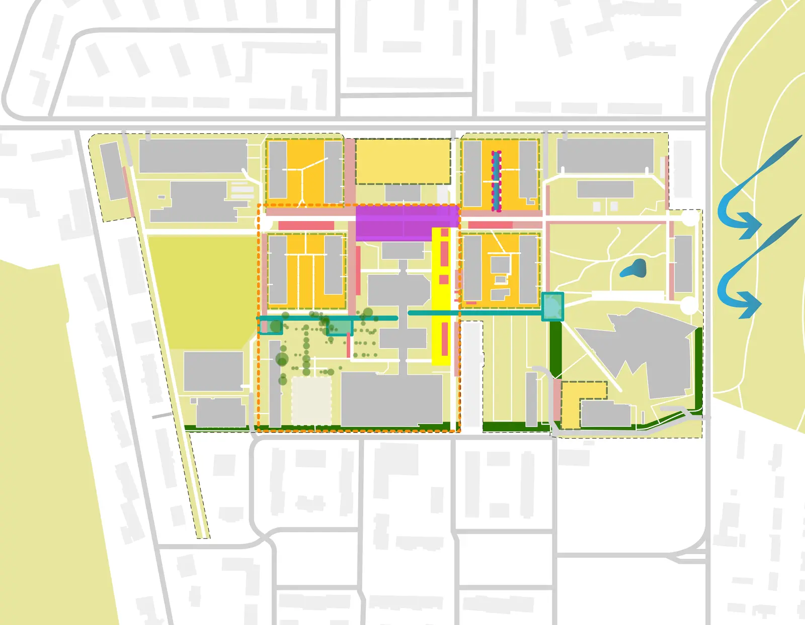 Analytischer Plan des Campus mit farbig codierten Höfen, Achsen und Freiräumen.