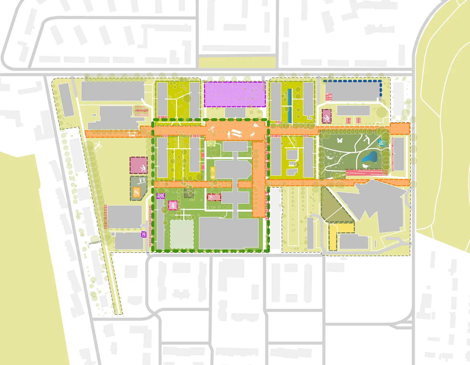 Analytischer Plan des Campus mit hervorgehobenen Bewegungsachsen, Aktivitätsbereichen und Parkflächen.