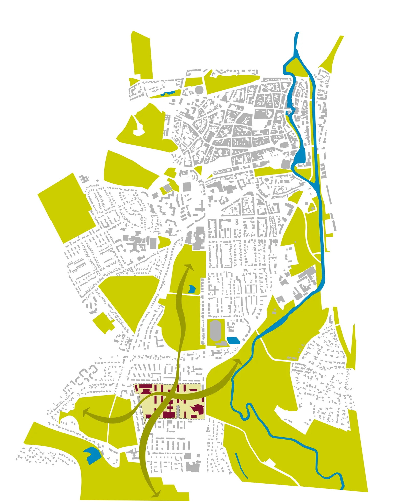 Stadtweites Diagramm von Lüneburg mit Grünflächen, dem blauen Flusslauf und dem dunkelrot markierten Campusareal, verbunden durch Pfeile mit der umgebenden Landschaft.