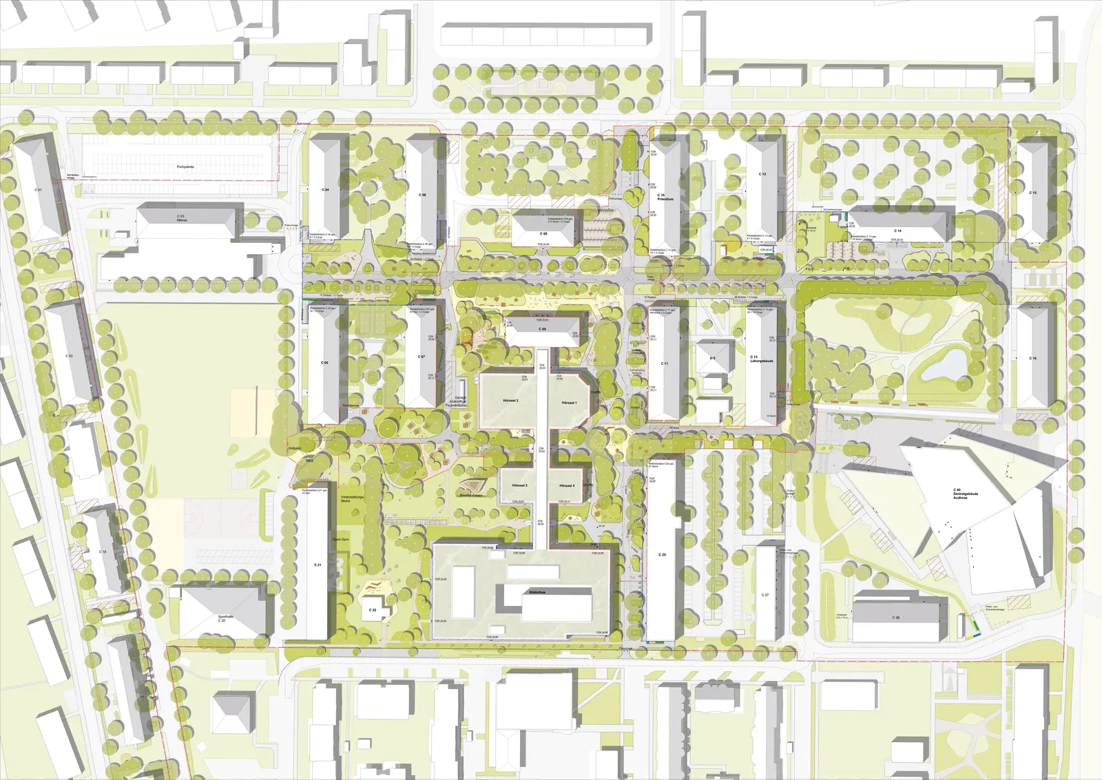 Technischer Lageplan des Campus mit Legende, Belagsarten, Pflanzungen, Bäumen und Möblierung.