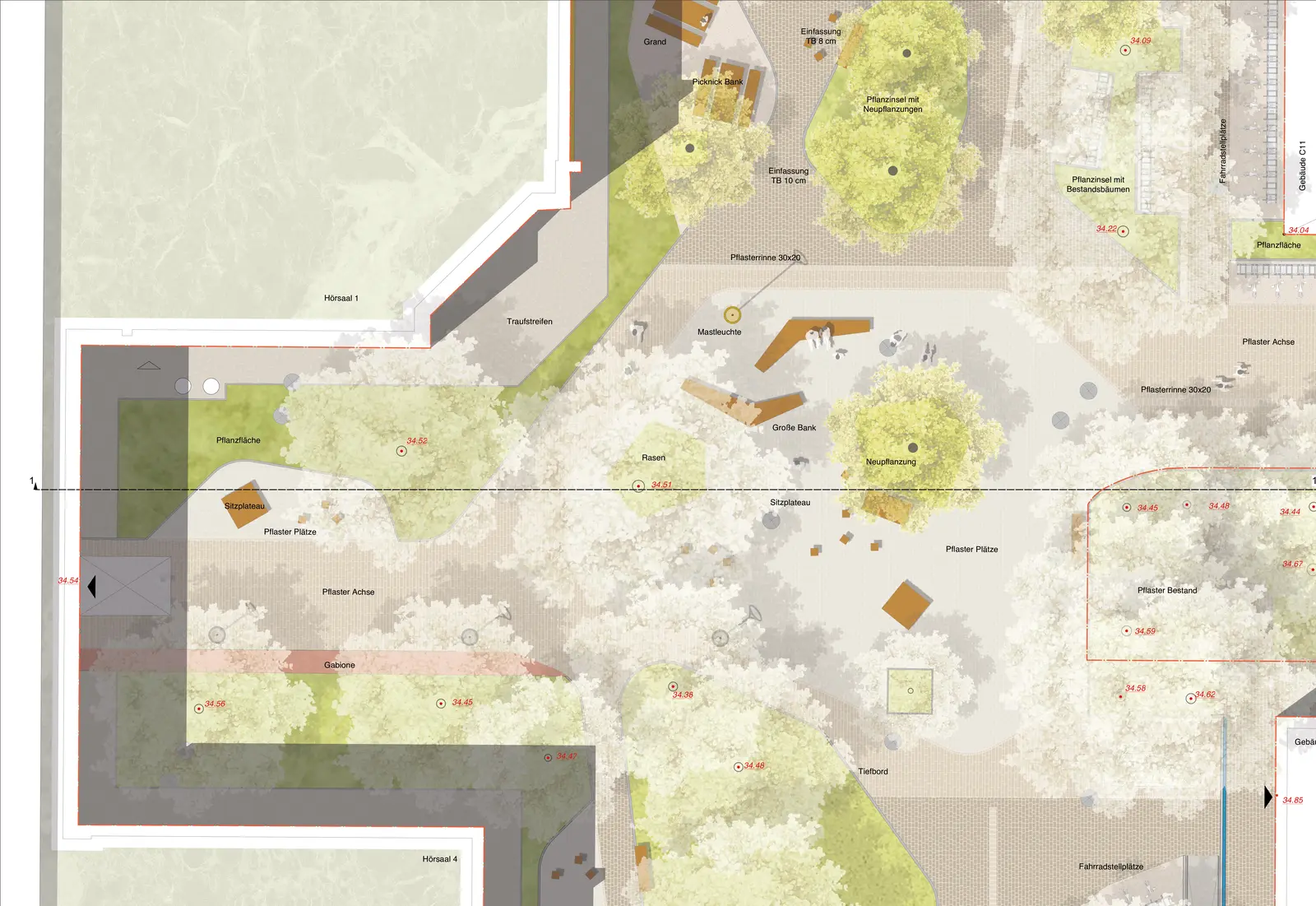 Detailplan eines Campusplatzes mit Bänken, Pflanzinseln und Bestandsbäumen, darunter eine Schnittzeichnung.