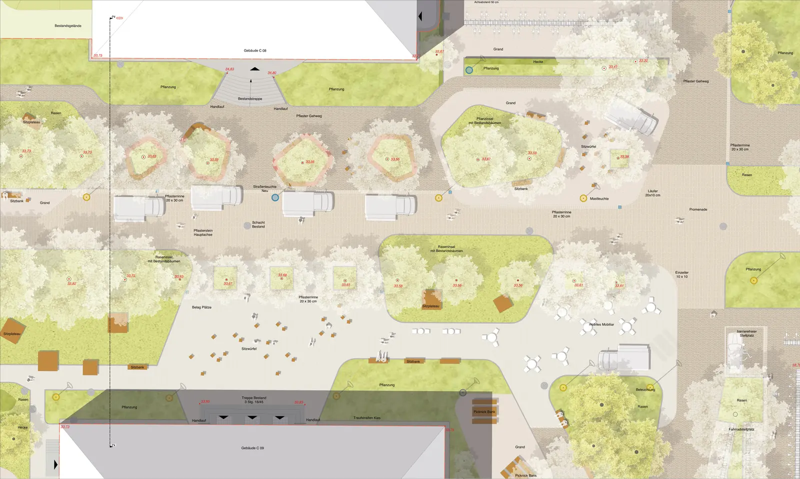 Detailplan der Promenade zwischen Campusgebäuden mit Sitzelementen und Bauminseln, darunter eine Schnittzeichnung.