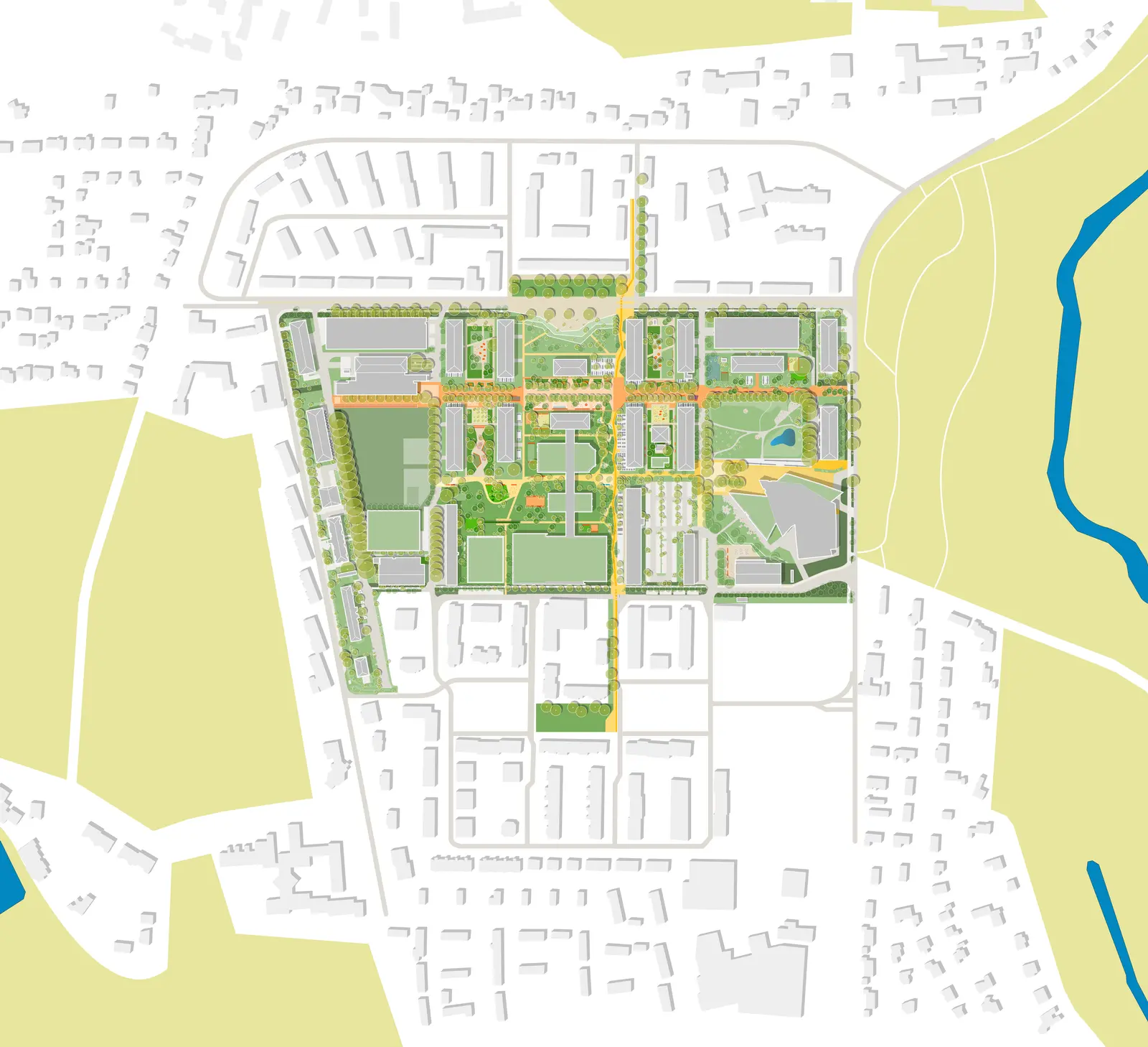 Konzept-Lageplan des Campus mit grünen Höfen, baumgesäumten Straßen und orange markierter Hauptachse.