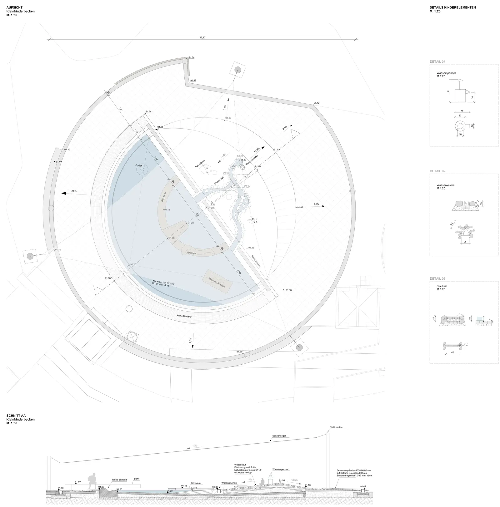 Technical drawing sheet with the circular toddlers' pool in plan, a section beneath it and three detail drawings of water-play elements.