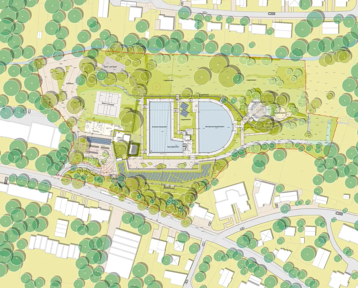 Coloured site plan of the pool grounds showing the roof of the new building along the southern edge, three pools, lawns and dense tree canopies.