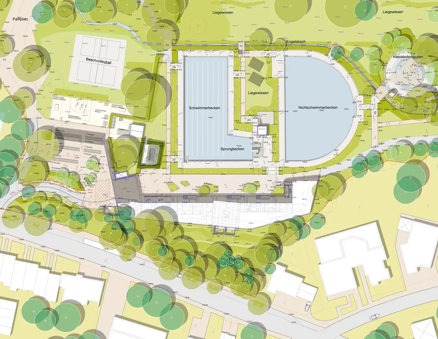 Detailed landscape plan with three pools, sunbathing lawns, a beach volleyball court, bicycle parking and an entrance plaza.
